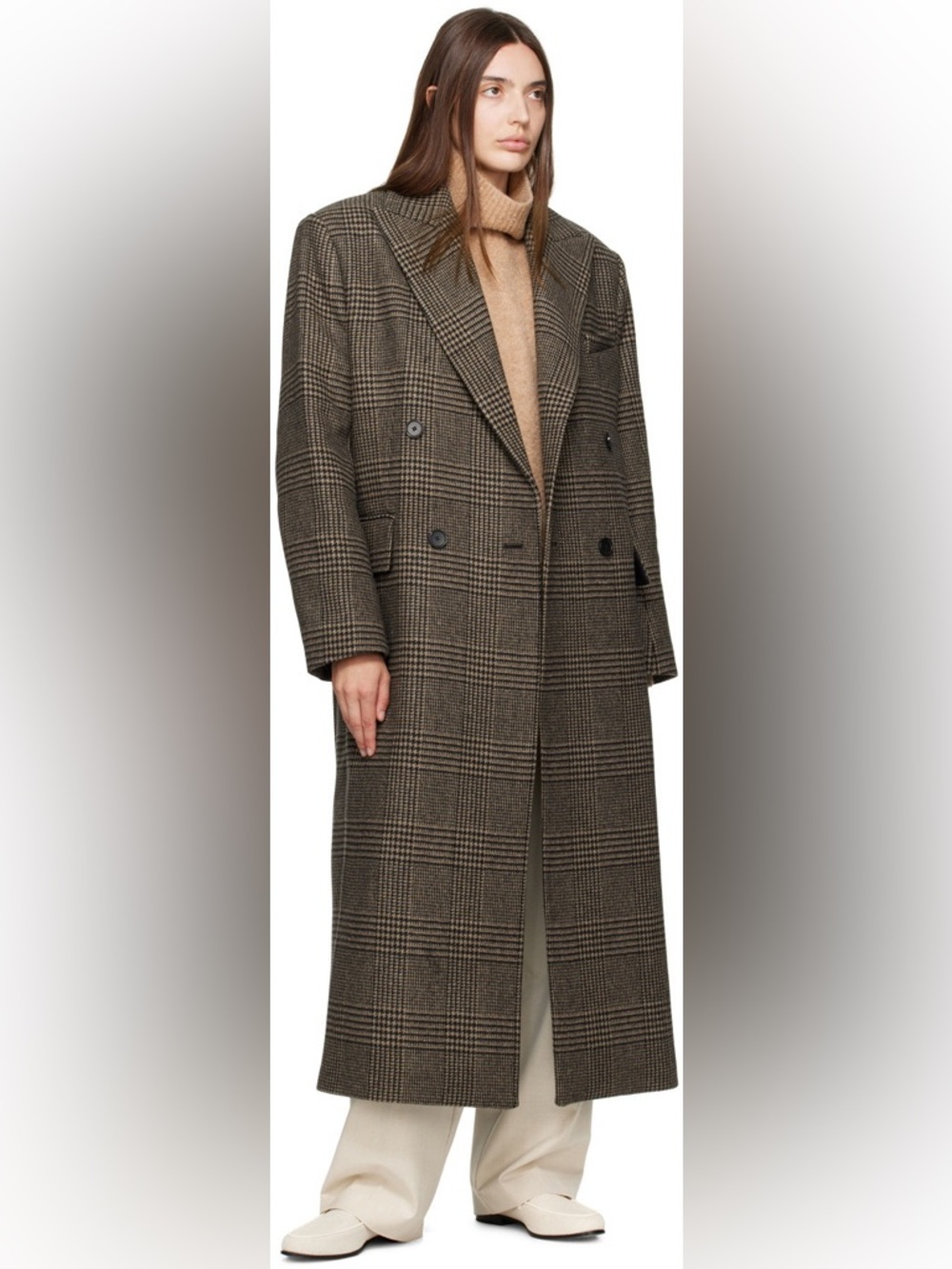 Filippa K Coat Women’s Beige Black Peacoat Plaid Double-Breasted Wool Size 40